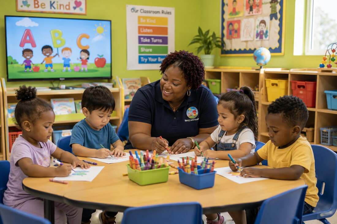 A confident young child practicing writing letters at a tidy wood desk in a calm pre-kindergarten room at Mercy Land Academy