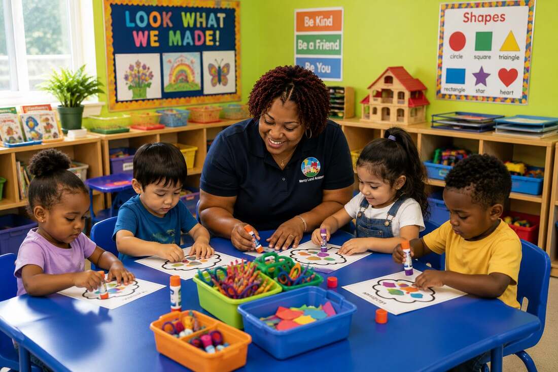 Diverse young children happily engaged in calm, hands-on play at a natural wood table in a bright, minimalist Mercy Land Academy classroom