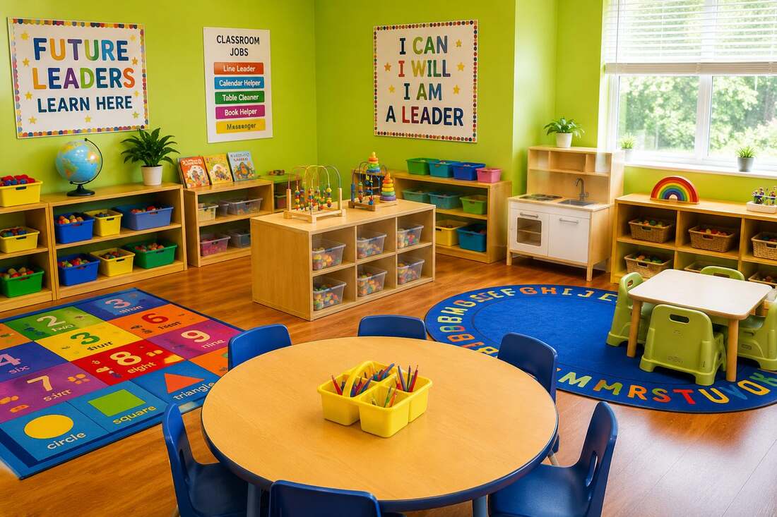 A beautiful, empty minimalist classroom with light-oak furniture and warm morning light at Mercy Land Academy