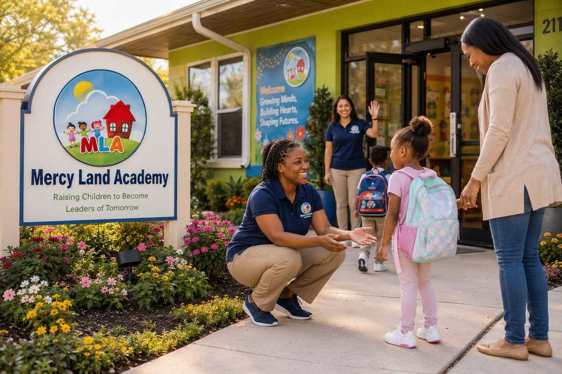 A Mercy Land Academy teacher and a circle of happy children during circle time
